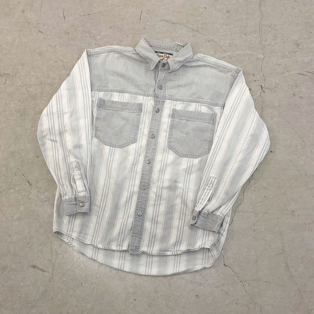 Vintage Guns Club Mens Gray Striped Colorblock Cotton Button Down Shirt Size M